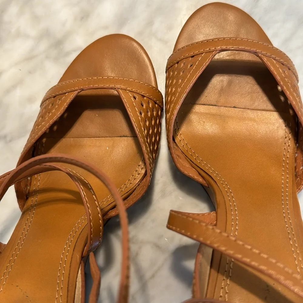 Tory Burch Tan Perforated Leather Wedge Sandals